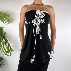 Vintage Y2K Black Floral Fairy Grunge Boho 2000s Strapless Bandeau Top / Small